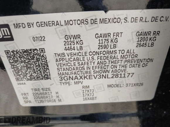 2022 Chevrolet Equinox LT z VIN 3GNAXKEV3NL281177, wystawiony jako IAAI lot #42020213 z przebiegiem 80 033 mil mil oraz . Historia ofert i sprzedaży dostępna na DreamBid. Obrazek 9.