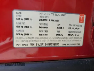 2018 Tesla Model S 75D with VIN 5YJSA1E40JF259792, listed as a Copart auction lot 56502085 with 116,821 mi miles and Salvage title. Bid and sale history available at DreamBid. Image 12.