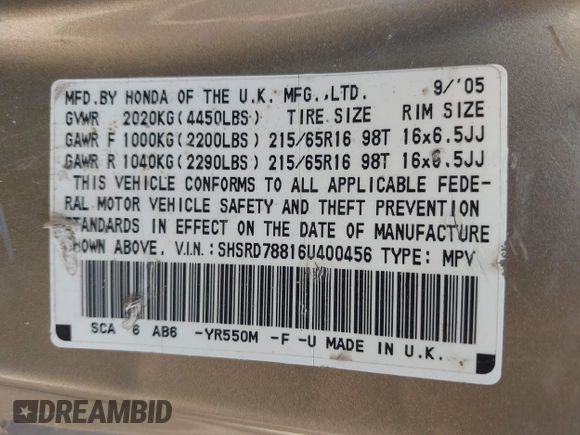 2006 Honda CR-V EX with VIN SHSRD78816U400456, listed as a IAAI auction lot 42095639 with 200,752 mi miles and . Bid and sale history available at carsss.com. Image 9.