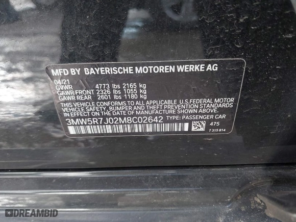 2021 BMW 3 Series 330i xDrive with VIN 3MW5R7J02M8C02642, listed as a IAAI auction lot 41650187 with NaN miles. Bid and sale history available at carsss.com. Image 9.