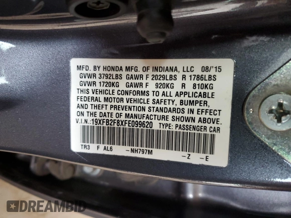 2015 Honda Civic EX z VIN 19XFB2F8XFE099620, wystawiony jako Copart lot #55479255 z przebiegiem 101 541 mil mil oraz Szkoda całkowita • Salvage title. Historia ofert i sprzedaży dostępna na DreamBid. Obrazek 12.