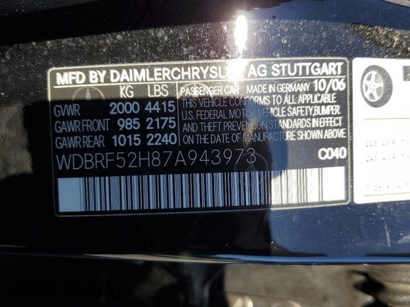 2007 Mercedes-Benz C 230 Sport с VIN WDBRF52H87A943973, выставлен на аукционе Copart как лот 63071965 с пробегом 158 823 миль миль и Списание • Salvage title. История ставок и продаж доступна на DreamBid. Изображение 12.