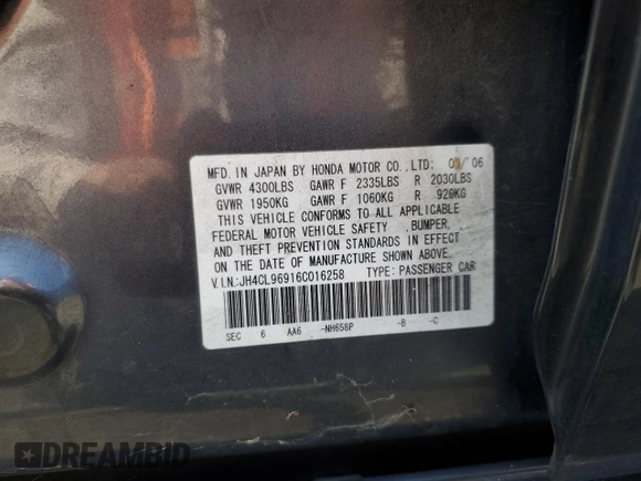 2006 Acura TSX Navi with VIN JH4CL96916C016258, listed as a Copart auction lot 58802155 with 207,697 mi miles and Salvage title. Bid and sale history available at DreamBid. Image 13.