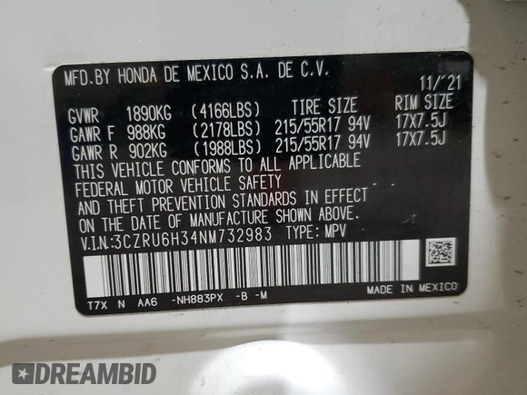 2022 Honda HR-V LX with VIN 3CZRU6H34NM732983, listed as a Copart auction lot 86508544 with 29,988 mi miles and Salvage Title. Bid and sale history available at carsss.com. Image 13.