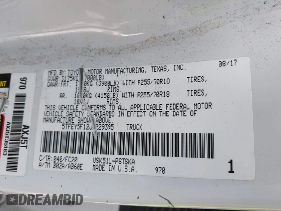2018 Toyota Tundra 2WD SR5 with VIN 5TFEY5F12JX229395, listed as a IAAI auction lot 41860401 with 211,706 mi miles. Bid and sale history available at carsss.com. Image 9.