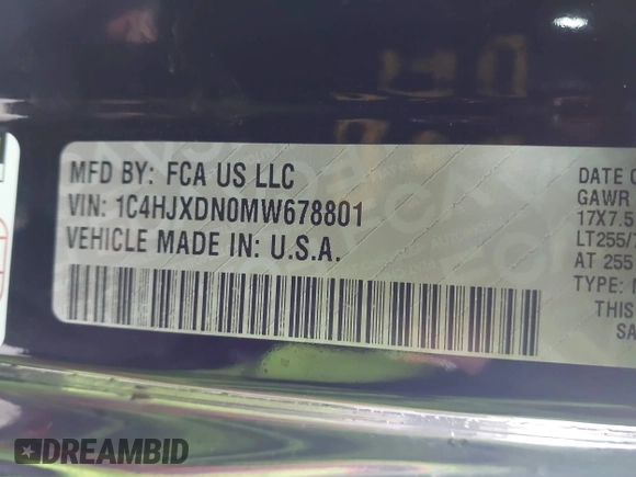 2021 Jeep Wrangler Unlimited Sport S with VIN 1C4HJXDN0MW678801, listed as a IAAI auction lot 42211815 with 96,849 mi miles and . Bid and sale history available at DreamBid. Image 9.