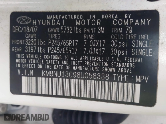 2008 Hyundai Veracruz GLS z VIN KM8NU13C98U058338, wystawiony jako IAAI lot #41911967 z przebiegiem 144 604 mil mil oraz . Historia ofert i sprzedaży dostępna na DreamBid. Obrazek 9.