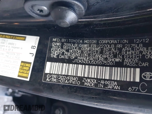 2013 Toyota Prius One z VIN JTDKN3DU5D5575261, wystawiony jako IAAI lot #41465161 z przebiegiem 116 625 mil mil oraz . Historia ofert i sprzedaży dostępna na DreamBid. Obrazek 9.