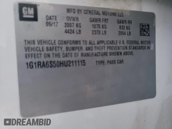 2017 Chevrolet Volt LT with VIN 1G1RA6S50HU211115, listed as a Copart auction lot 68115472 with 0 mi miles. Bid and sale history available at carsss.com. Image 12.