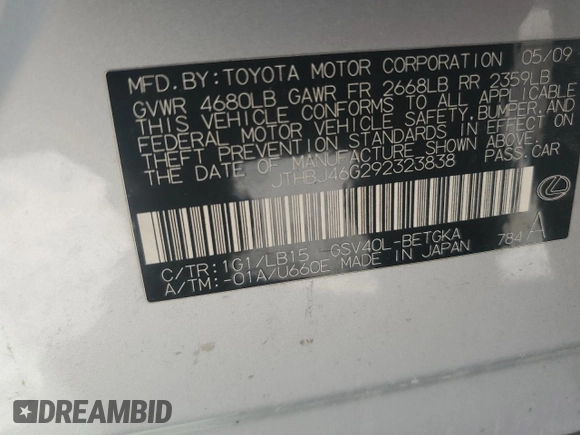 2009 Lexus ES 330 with VIN JTHBJ46G292323838, listed as a Copart auction lot 48864105 with 156,801 mi miles and Salvage Title. Bid and sale history available at DreamBid. Image 14.