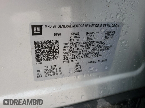 2021 GMC Terrain SLT with VIN 3GKALVEV7ML309670, listed as a Copart auction lot 53004105 with 84,192 mi miles and Salvage title. Bid and sale history available at DreamBid. Image 14.