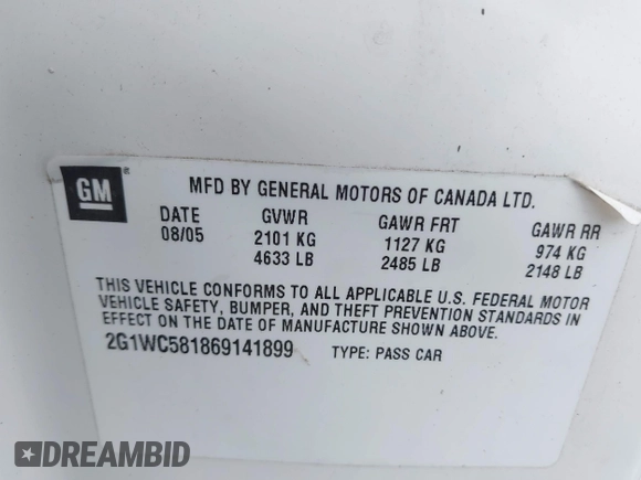 2006 Chevrolet Impala LT 3.9L with VIN 2G1WC581869141899, listed as a IAAI auction lot 41955140 with 221,372 mi miles and . Bid and sale history available at DreamBid. Image 9.