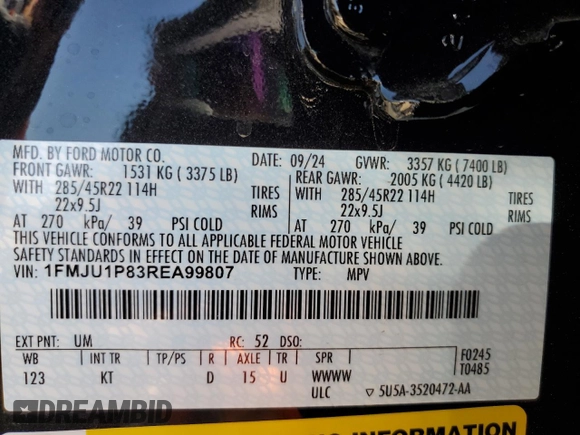 2024 Ford Expedition z VIN 1FMJU1P83REA99807, wystawiony jako Copart lot #44167245 z przebiegiem 1 807 mil mil oraz Szkoda całkowita • Salvage title. Historia ofert i sprzedaży dostępna na DreamBid. Obrazek 13.
