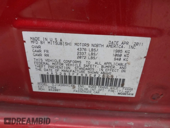 2011 Mitsubishi Galant ES with VIN 4A32B3FF6BE028291, listed as a IAAI auction lot 41061276 with 1 mi miles. Bid and sale history available at carsss.com. Image 9.