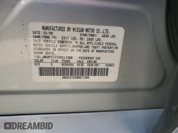 2008 Infiniti G35 with VIN JNKBV61E58M217389, listed as a Copart auction lot 61494884 with 121,505 mi miles and Salvage Title. Bid and sale history available at DreamBid. Image 12.