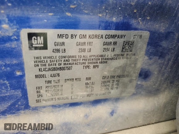 2017 Buick Encore Preferred с VIN KL4CJASB0HB007507, выставлен на аукционе Copart как лот 54156654 с пробегом 135 983 миль миль и Списание • Salvage title. История ставок и продаж доступна на DreamBid. Изображение 13.