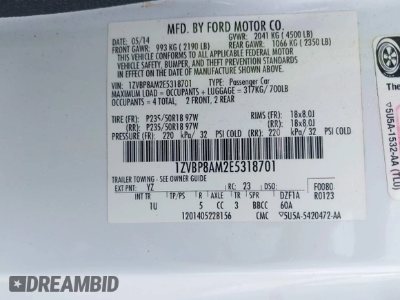 2014 Ford Mustang V6 с VIN 1ZVBP8AM2E5318701, выставлен на аукционе IAAI как лот 42265557 с пробегом 97 870 миль миль и . История ставок и продаж доступна на DreamBid. Изображение 9.