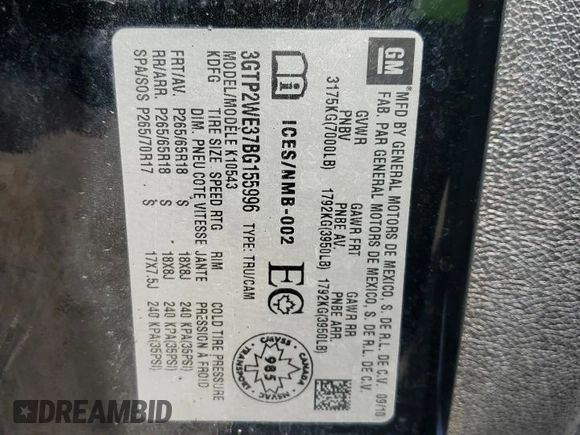 2011 GMC Sierra 1500 SLT z VIN 3GTP2WE37BG155996, wystawiony jako Copart lot #53992745 z przebiegiem Nie podano mil oraz Szkoda całkowita • Salvage title. Historia ofert i sprzedaży dostępna na DreamBid. Obrazek 12.
