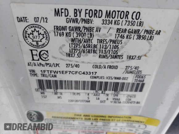 2012 Ford F-150 XL with VIN 1FTFW1EF7CFC43317, listed as a Copart auction lot 83764684 with 263,030 mi miles and Salvage Title. Bid and sale history available at carsss.com. Image 13.