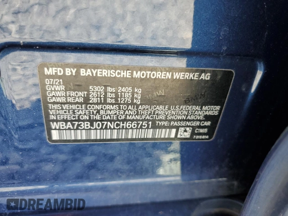 2022 BMW 5 Series 540i xDrive with VIN WBA73BJ07NCH66751, listed as a Copart auction lot 53653415 with 60,059 mi miles and Salvage title. Bid and sale history available at DreamBid. Image 12.