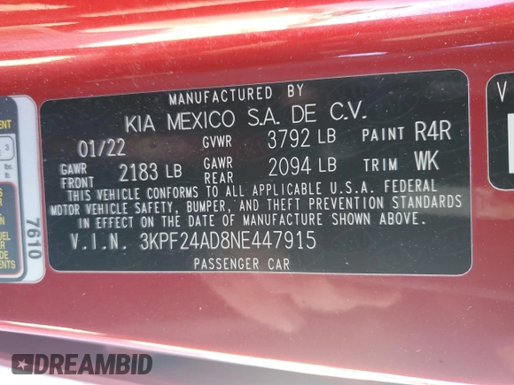 2022 Kia Forte LXS with VIN 3KPF24AD8NE447915, listed as a Copart auction lot 50228285 with 65,992 mi miles and Salvage Title. Bid and sale history available at carsss.com. Image 14.