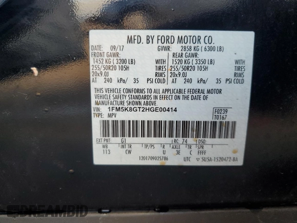 2017 Ford Explorer Sport с VIN 1FM5K8GT2HGE00414, выставлен на аукционе Copart как лот 64526204 с пробегом 69 300 миль миль и Списание • Salvage title. История ставок и продаж доступна на DreamBid. Изображение 14.