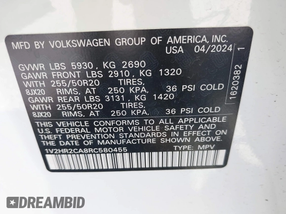 2024 Volkswagen Atlas SE with VIN 1V2HR2CA8RC580455, listed as a IAAI auction lot 42282323 with 13,549 mi miles and . Bid and sale history available at DreamBid. Image 9.