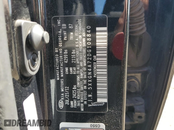 2013 Kia Optima EX z VIN 5XXGN4A72DG108840, wystawiony jako Copart lot #58207355 z przebiegiem 114 629 mil mil oraz Szkoda całkowita • Salvage title. Historia ofert i sprzedaży dostępna na DreamBid. Obrazek 12.