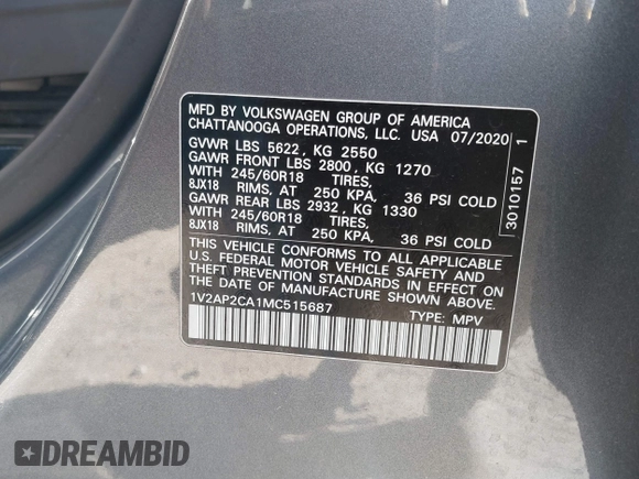 2021 Volkswagen Atlas S with VIN 1V2AP2CA1MC515687, listed as a IAAI auction lot 41083239 with 46,354 mi miles and . Bid and sale history available at DreamBid. Image 9.