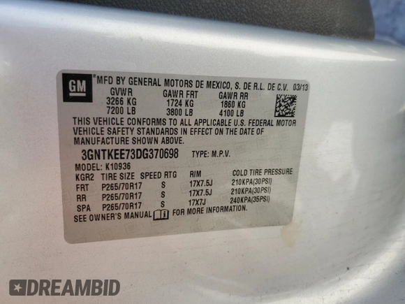 2013 Chevrolet Avalanche LS with VIN 3GNTKEE73DG370698, listed as a Copart auction lot 54191395 with 124,046 mi miles and Salvage title. Bid and sale history available at DreamBid. Image 13.