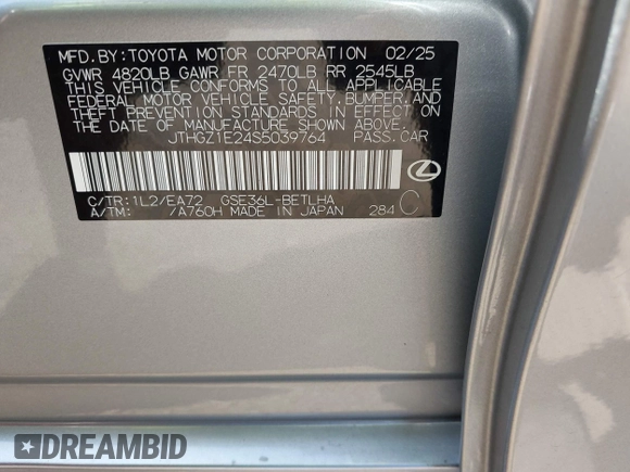 2025 Lexus IS 350 F Sport with VIN JTHGZ1E24S5039764, listed as a IAAI auction lot 42566515 with 1,107 mi miles and . Bid and sale history available at DreamBid. Image 9.