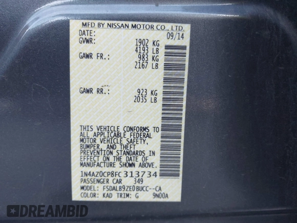 2015 Nissan LEAF SV with VIN 1N4AZ0CP8FC313734, listed as a IAAI auction lot 41613766 with 107,229 mi miles. Bid and sale history available at carsss.com. Image 9.
