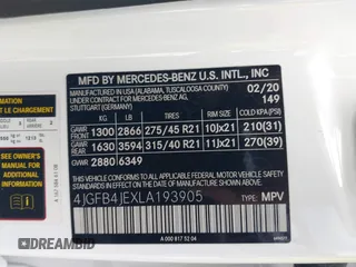 2020 Mercedes-Benz GLE 350 with VIN 4JGFB4JEXLA193905, listed as a IAAI auction lot 42347660 with 55,312 mi miles and . Bid and sale history available at DreamBid. Image 9.