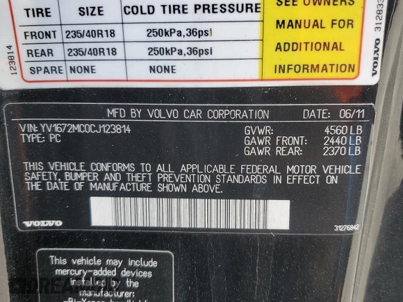 2012 Volvo C70 T5 with VIN YV1672MC0CJ123814, listed as a Copart auction lot 49350895 with 74,694 mi miles and Clean Title. Bid and sale history available at carsss.com. Image 12.