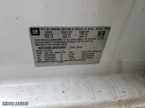 2014 GMC Sierra 1500 Denali with VIN 3GTU2WEJ0EG509007, listed as a Copart auction lot 46838645 with 114,548 mi miles and Salvage Title. Bid and sale history available at carsss.com. Image 14.