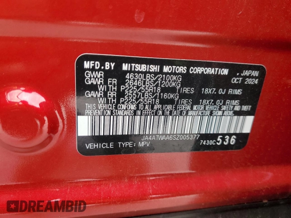 2025 Mitsubishi Eclipse Cross SE z VIN JA4ATWAA6SZ005377, wystawiony jako Copart lot #57133725 z przebiegiem 7 423 mil mil oraz Nie do naprawy • Non repairable. Historia ofert i sprzedaży dostępna na DreamBid. Obrazek 13.