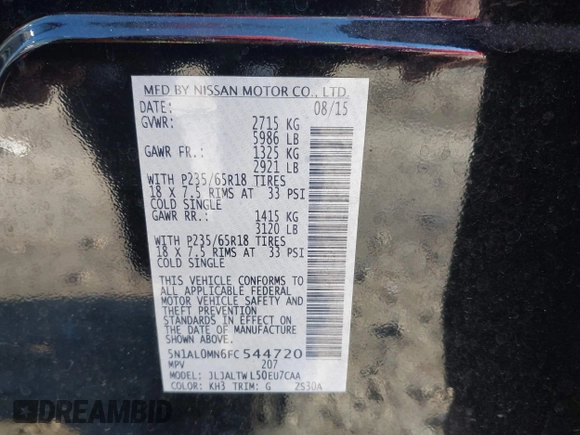 2015 Infiniti QX60 with VIN 5N1AL0MN6FC544720, listed as a IAAI auction lot 41335980 with Not Provided miles. Bid and sale history available at carsss.com. Image 9.