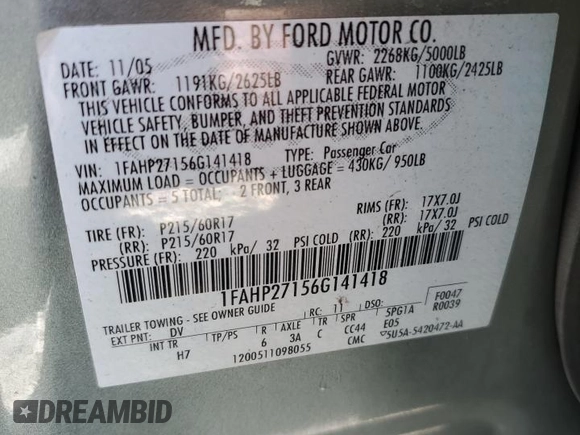 2006 Ford Five Hundred SEL with VIN 1FAHP27156G141418, listed as a Copart auction lot 52589885 with 211,661 mi miles and Salvage Title. Bid and sale history available at carsss.com. Image 12.