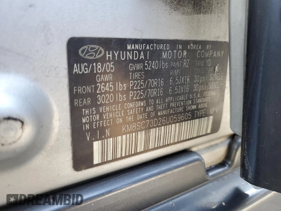 2006 Hyundai Santa Fe GLS with VIN KM8SC73D26U059605, listed as a Copart auction lot 75920424 with 203,470 mi miles and Salvage Title. Bid and sale history available at carsss.com. Image 14.