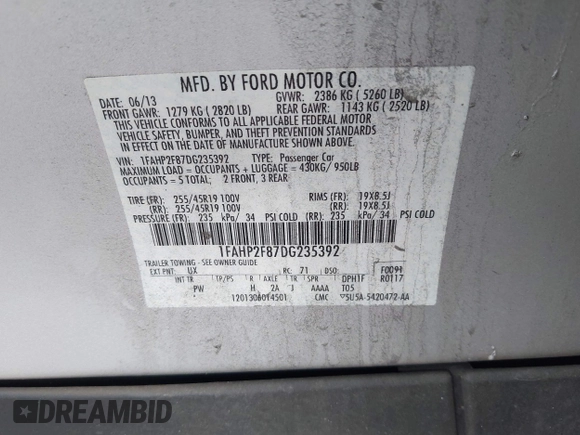 2013 Ford Taurus Limited with VIN 1FAHP2F87DG235392, listed as a IAAI auction lot 42431543 with 123,904 mi miles and . Bid and sale history available at DreamBid. Image 9.
