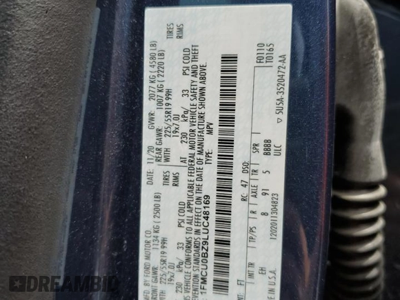2020 Ford Escape SE Sport Hybrid with VIN 1FMCU0BZ9LUC48169, listed as a Copart auction lot 61359635 with 89,879 mi miles and Salvage title. Bid and sale history available at DreamBid. Image 13.