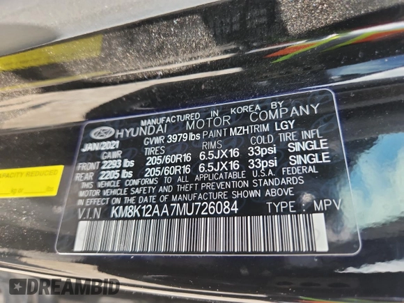 2021 Hyundai Kona SE z VIN KM8K12AA7MU726084, wystawiony jako Copart lot #58722035 z przebiegiem 71 427 mil mil oraz Szkoda całkowita • Salvage title. Historia ofert i sprzedaży dostępna na DreamBid. Obrazek 12.