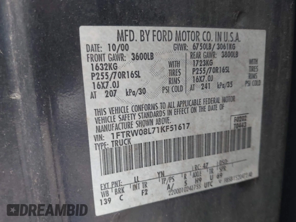 2001 Ford F-150 XLT with VIN 1FTRW08L71KF51617, listed as a IAAI auction lot 42765846 with Not provided miles and . Bid and sale history available at DreamBid. Image 9.