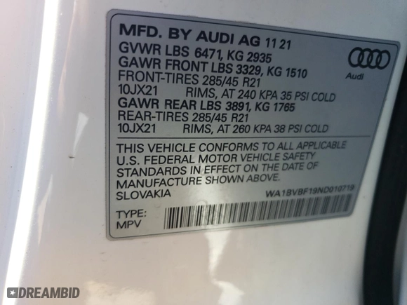 2022 Audi Q8 Premium Plus with VIN WA1BVBF19ND010719, listed as a Copart auction lot 69754564 with 43,928 mi miles and Salvage Title. Bid and sale history available at carsss.com. Image 13.