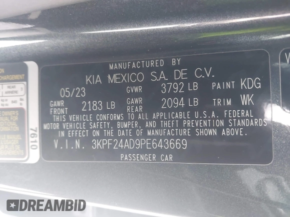 2023 Kia Forte LXS with VIN 3KPF24AD9PE643669, listed as a IAAI auction lot 41519585 with 49,769 mi miles. Bid and sale history available at carsss.com. Image 9.