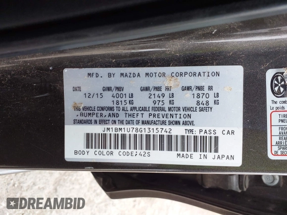 2016 Mazda 3 i Sport with VIN JM1BM1U78G1315742, listed as a IAAI auction lot 41716463 with 122,986 mi miles and . Bid and sale history available at DreamBid. Image 9.