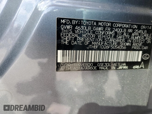 2015 Lexus IS 250 с VIN JTHBF1D26F5054356, выставлен на аукционе Copart как лот 56242655 с пробегом 112 405 миль миль и Списание • Salvage title. История ставок и продаж доступна на DreamBid. Изображение 12.