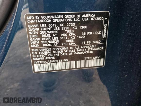 2021 Volkswagen Atlas SEL Premium with VIN 1V2TR2CA6MC513100, listed as a Copart auction lot 52947725 with 65,450 mi miles and Salvage title. Bid and sale history available at DreamBid. Image 15.