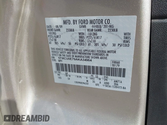 2010 Ford Escape Limited with VIN 1FMCU0E79AKA34964, listed as a IAAI auction lot 42615416 with 197,068 mi miles and . Bid and sale history available at DreamBid. Image 9.