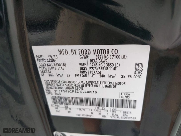 2013 Ford F-150 XL with VIN 1FTFW1CF5DKG06516, listed as a IAAI auction lot 41697562 with 180,505 mi miles. Bid and sale history available at carsss.com. Image 9.
